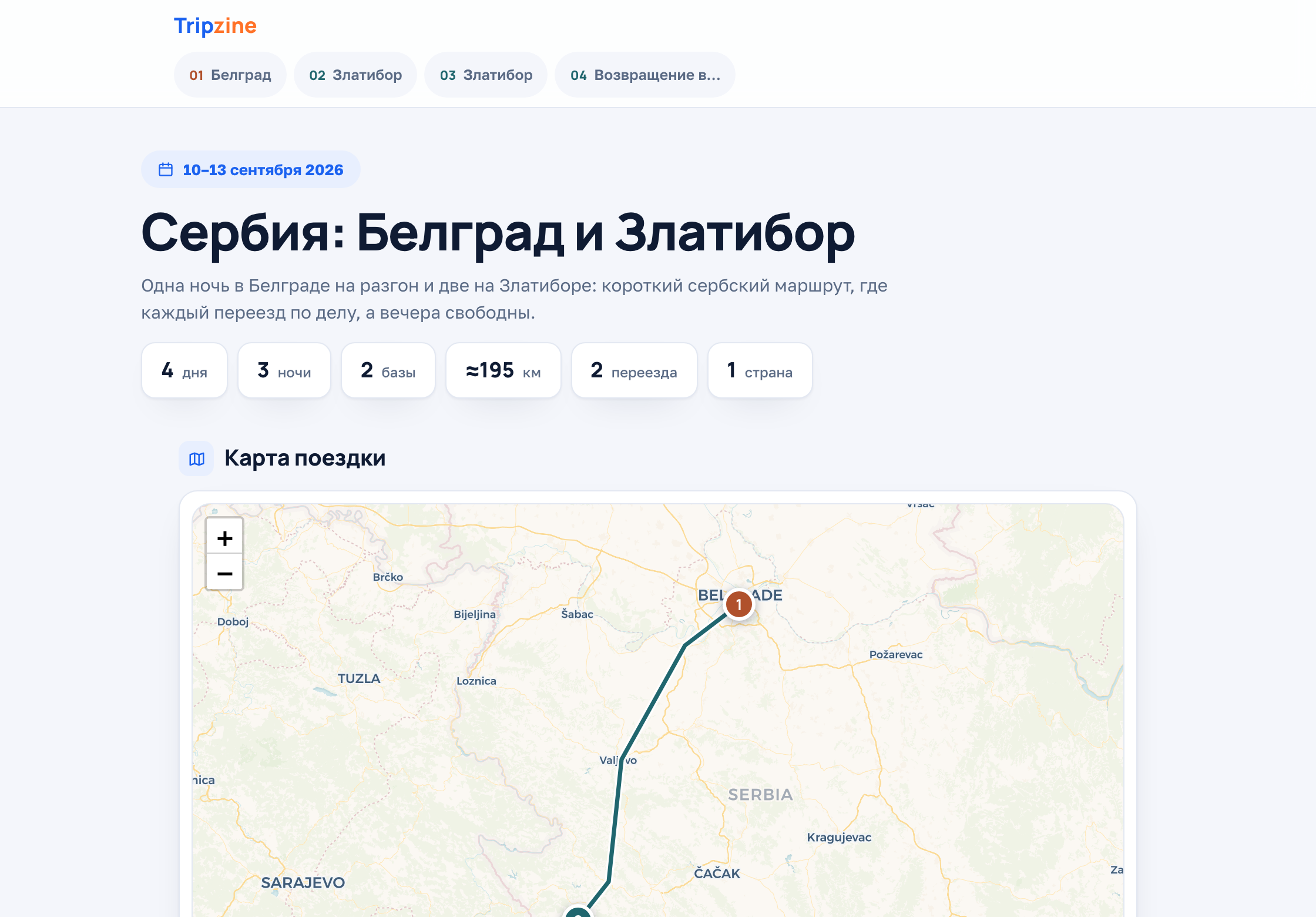 Пример плана поездки — обложка журнала Tripzine: название, даты, статистика и карта маршрута